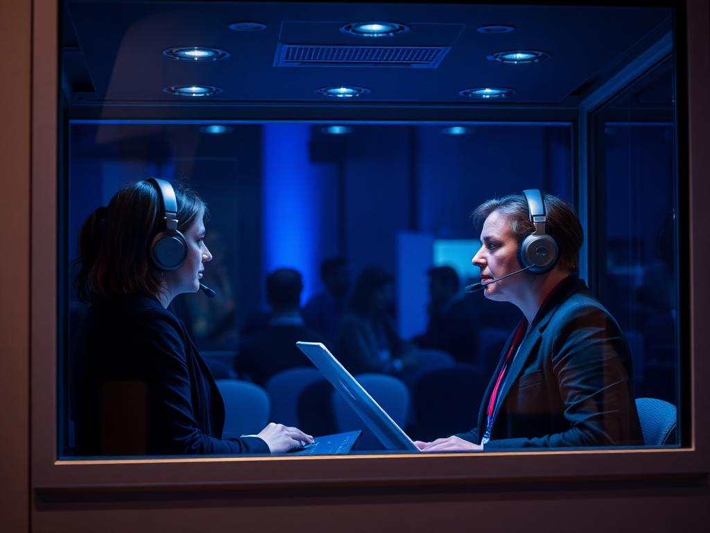 Interpreters working inside a soundproof booth